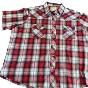 Wrangler Shirt Pearl Snap Plaid Button Up Men's Size XXL Short Sleeve Red & Gray